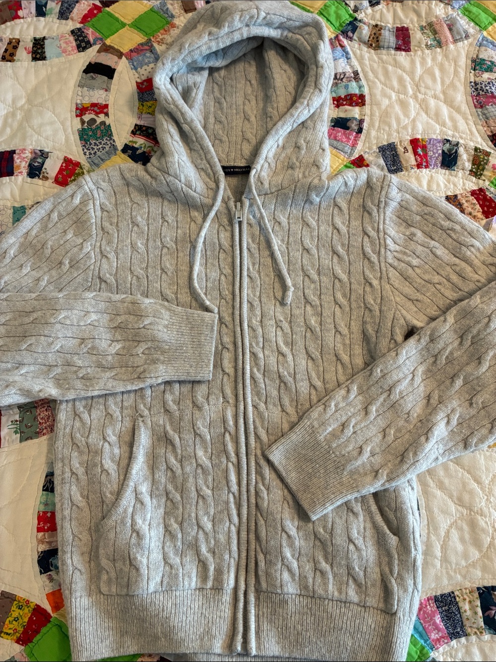 Brandy Melville Light Gray Cable-Knit Zip Hoodie Sweater Fall cozy girlhoodcore
